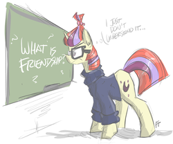 Size: 2402x2002 | Tagged: safe, artist:flutterthrash, moondancer, pony, unicorn, g4, atg 2017, chalkboard, clothes, female, glasses, high res, mare, newbie artist training grounds, question mark, signature, simple background, solo, sweater, thinking, white background