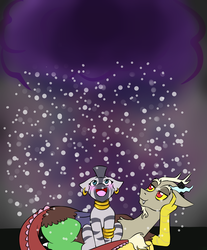 Size: 2000x2414 | Tagged: safe, artist:jolliapplegirl, discord, zecora, draconequus, zebra, g4, female, high res, male, next generation, shipping, snow, straight, zecord