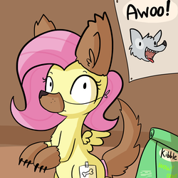 Size: 1650x1649 | Tagged: safe, artist:tjpones, fluttershy, pegasus, pony, g4, animal costume, caught, clothes, costume, cute, dog food, fake cutie mark, female, furry, poster, solo, wolf costume