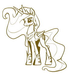 Size: 1336x1471 | Tagged: safe, artist:nadnerbd, princess celestia, alicorn, pony, g4, celestia's crown, crown, ethereal mane, female, hoof shoes, jewelry, long tail, looking down, mare, monochrome, peytral, princess shoes, regalia, simple background, slender, smiling, solo, standing, tail, tall, thin, white background