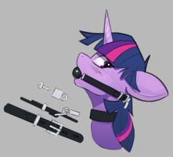 Size: 900x817 | Tagged: safe, artist:kuri_art, twilight sparkle, pony, unicorn, g4, ballgag, buckle, bust, collar, female, floppy ears, gag, gray background, horn, key, looking back, mare, padlock, simple background, solo