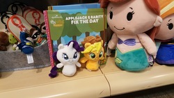 Size: 1248x702 | Tagged: safe, applejack, rarity, pony, g4, applejack & rarity fix the day, book, female, hallmark, irl, itty biitys, itty bittys storybooks, merchandise, photo, plushie, shipping fuel