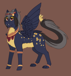 Size: 1024x1101 | Tagged: safe, artist:absolutecactus, oc, oc only, oc:midas, hybrid, brown background, interspecies offspring, male, nextgen:chaos party, offspring, parent:ahuizotl, parent:daring do, parents:darizotl, reference sheet, simple background, solo, tail hand