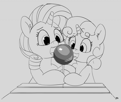 Size: 1280x1079 | Tagged: safe, artist:pabbley, rarity, sweetie belle, pony, unicorn, g4, 30 minute art challenge, caramel apple (food), female, filly, grayscale, licking, mare, monochrome, tongue out