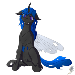 Size: 1600x1600 | Tagged: safe, artist:steelwing-studio, oc, oc only, unnamed oc, changeling, blue changeling, changeling oc, floppy ears, simple background, sitting, solo, transparent background