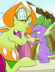 Size: 2800x3703 | Tagged: safe, artist:firimil, spike, thorax, changedling, changeling, dragon, g4, triple threat, fanfic, fanfic art, high res, king thorax, pointing, sugarcube corner