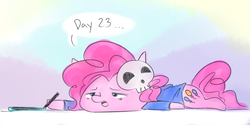 Size: 2000x1000 | Tagged: safe, artist:grim ponka, pinkie pie, pony, g4, atg 2017, clothes, dialogue, drawing, exhausted, female, newbie artist training grounds, skull, solo, tired
