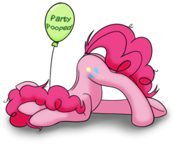 Size: 872x720 | Tagged: safe, artist:redquoz, pinkie pie, earth pony, pony, g4, atg 2017, balloon, exhausted, face down ass up, faceplant, female, messy mane, newbie artist training grounds, simple background, solo, white background