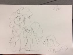 Size: 1280x960 | Tagged: safe, artist:silfoe, gummy, pinkie pie, pony, g4, clothes, costume, darth vader, monochrome, sketch, sketches from a hat, star wars, traditional art