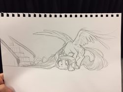 Size: 1280x960 | Tagged: safe, artist:imalou, princess celestia, alicorn, pony, g4, escalator, female, mare, sketch, sketches from a hat, solo, spread wings, stuck, this will end in tears, traditional art, wings