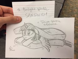 Size: 1280x960 | Tagged: safe, artist:whitediamonds, twilight sparkle, alicorn, pony, g4, female, food, mare, sandwich, sketch, sketches from a hat, solo, spread wings, traditional art, twilight sparkle (alicorn), twilight sparkle is not amused, unamused, wings