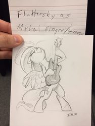 Size: 960x1280 | Tagged: safe, artist:imalou, fluttershy, pegasus, pony, g4, bipedal, electric guitar, eyes closed, female, guitar, mare, musical instrument, sketch, sketches from a hat, solo, traditional art