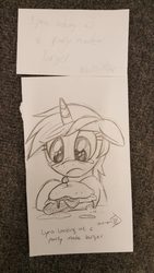 Size: 720x1280 | Tagged: safe, artist:whitediamonds, lyra heartstrings, pony, unicorn, g4, burger, crying, female, floppy ears, food, frown, hamburger, mare, sad, sketch, sketches from a hat, solo, traditional art