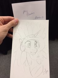 Size: 960x1280 | Tagged: safe, artist:silfoe, princess celestia, alicorn, pony, g4, bust, female, mare, monochrome, portrait, pun, sketch, sketches from a hat, solo, sunflower, traditional art, visual pun