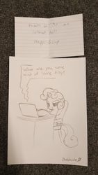 Size: 720x1280 | Tagged: safe, artist:bobdude0, sweetie belle, pony, unicorn, g4, computer, female, filly, laptop computer, sketch, sketches from a hat, solo, traditional art, trolling