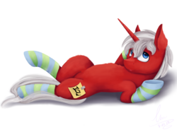 Size: 2732x2048 | Tagged: safe, artist:lav-cavalerie, oc, oc only, oc:blank check, pony, unicorn, clothes, high res, male, on back, simple background, socks, solo, stallion, striped socks, white background