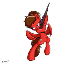 Size: 700x600 | Tagged: safe, artist:mingy.h, oc, oc only, oc:bottle coke, pegasus, pony, belly button, flying, gun, request, simple background, solo, weapon, white background