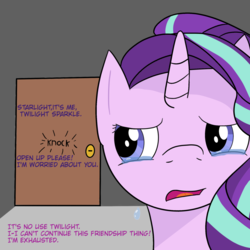 Size: 1024x1024 | Tagged: safe, artist:freshlypositive, starlight glimmer, pony, unicorn, g4, atg 2017, crying, dialogue, door, female, implied twilight sparkle, knocking, newbie artist training grounds, solo