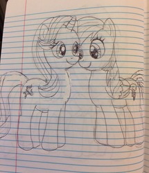 Size: 1103x1280 | Tagged: safe, artist:rainboom31, rainbow dash, starlight glimmer, pegasus, pony, unicorn, g4, grayscale, lined paper, monochrome, notebook, photo, sketch, smiling, traditional art