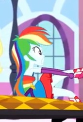 Size: 309x453 | Tagged: safe, screencap, rainbow dash, eqg summertime shorts, equestria girls, g4, make up shake up, armpits, bare shoulders, belt, boots, clothes, cropped, dress, fall formal outfits, female, gritted teeth, grunt, shoes, sleeveless, solo, teeth