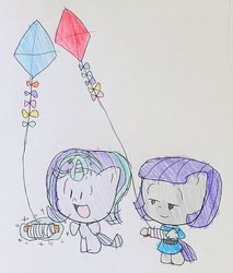 Size: 617x724 | Tagged: safe, artist:pippiminafowell, maud pie, starlight glimmer, earth pony, pony, unicorn, g4, chibi, cute, duo, glimmerbetes, glowing horn, horn, kite, kite flying, maudabetes, peanuts, style emulation, traditional art