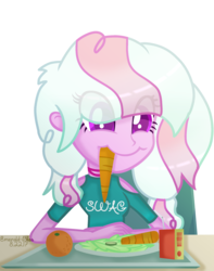 Size: 1888x2400 | Tagged: safe, artist:emerald-bliss, oc, oc only, oc:bubble pop, equestria girls, g4, carrot, equestria girls-ified, food, juice, lettuce, orange, solo