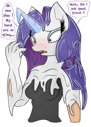 Size: 2251x3145 | Tagged: safe, artist:skyspeardraw, rarity, human, anthro, g4, female, high res, human to anthro, latex, rubber, simple background, slime, text, transformation, transparent background
