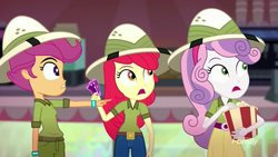 Size: 1280x720 | Tagged: safe, screencap, apple bloom, scootaloo, sweetie belle, eqg summertime shorts, equestria girls, g4, the canterlot movie club, cinema, cutie mark crusaders, food, hat, pointing, popcorn, shocked, ticket