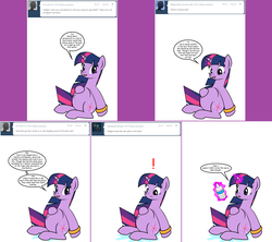 Size: 1808x1604 | Tagged: safe, artist:dekomaru, twilight sparkle, pony, tumblr:ask twixie, g4, ask, belly button, bottle, exclamation point, female, magic, pregnant, sitting, solo, tumblr, water