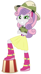 Size: 1500x2691 | Tagged: safe, artist:sketchmcreations, sweetie belle, equestria girls, g4, my little pony equestria girls: summertime shorts, the canterlot movie club, bucket, crossed arms, daring do costume, food, grin, hat, looking at you, pith helmet, popcorn, simple background, smiling, transparent background, vector