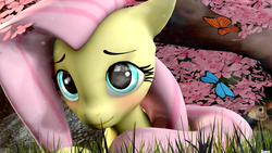 Size: 1920x1080 | Tagged: safe, artist:blackfalcon8, fluttershy, butterfly, pony, rabbit, g4, 3d, blushing, cute, female, forest, poster, rock, shyabetes, solo, source filmmaker