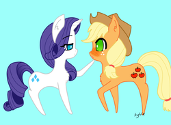 Size: 750x550 | Tagged: safe, artist:mrandoofthewoods, applejack, rarity, pony, g4, blushing, female, lesbian, looking at each other, ship:rarijack, shipping, simple background