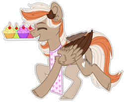 Size: 1573x1302 | Tagged: safe, artist:trickate, oc, oc only, pegasus, pony, apron, cherry, clothes, commission, cupcake, female, food, mare, mouth hold, simple background, transparent background, tray