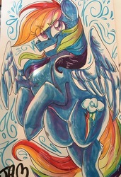 Size: 540x789 | Tagged: safe, artist:ihasjessie-kat, rainbow dash, pegasus, pony, g4, female, grin, mare, multicolored hair, smiling, solo, traditional art