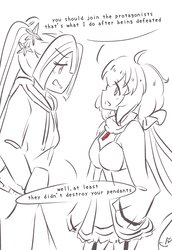 Size: 1409x2048 | Tagged: safe, artist:yuck, aria blaze, equestria girls, g4, my little pony equestria girls: rainbow rocks, anime, ayahi takagaki, chris yukine, clothes, conversation, crossover, dialogue, looking at each other, monochrome, senki zessho symphogear, senki zesshō symphogear, sketch, symphogear, voice actor joke