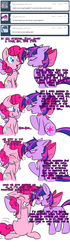 Size: 700x2500 | Tagged: safe, artist:justagirlonline, pinkie pie, twilight sparkle, pony, unicorn, ask cute twinkie pie, g4, ask, blushing, comic, female, lesbian, neck bow, ship:twinkie, shipping, tumblr