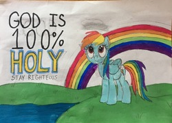 Size: 3021x2170 | Tagged: safe, artist:trini-mite, derpibooru exclusive, rainbow dash, pegasus, pony, g4, based, christianity, discussion in the comments, female, folded wings, high res, looking up, mare, rainbow, religion, religion in the comments, religious focus, religious headcanon, smiling, solo, text, traditional art, wings