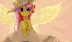 Size: 9892x5784 | Tagged: safe, artist:utauyan, fluttershy, pegasus, pony, g4, absurd resolution, bust, clothes, crossed hooves, dress, female, flower, flower in hair, hat, looking at you, portrait, solo, spread wings, wings