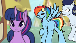 Size: 2000x1120 | Tagged: safe, artist:elzzombie, rainbow dash, soarin', twilight sparkle, pegasus, pony, unicorn, g4, bedroom eyes, butt, c:, cute, distracted boyfriend meme, eyes on the prize, featureless crotch, female, frown, implied lesbian, implied shipping, implied twidash, lesbian, lesbian in front of boys, looking at butt, looking back, male, mare, meme, open mouth, plot, ponified, rainbutt dash, raised hoof, smiling, spread wings, stallion, wide eyes, wingboner, wings