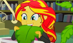 Size: 1023x609 | Tagged: safe, screencap, sunset shimmer, human, epic fails, equestria girls, g4, my little pony equestria girls: summertime shorts, cute, humans doing horse things, leaf, shimmerbetes, sunset wants her old digestive system back