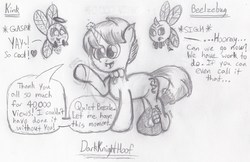 Size: 2407x1559 | Tagged: safe, artist:darkknighthoof, oc, oc only, oc:beelzebug, oc:darkknighthoof, oc:pixx, angel, devil, parasprite, pony, unicorn, annoyed, blushing, bowtie, dialogue, fangs, halo, magic, male, milestone, milestone celebration, open mouth, sketch, snake tail, speech bubble, stallion, traditional art, transformation, waving