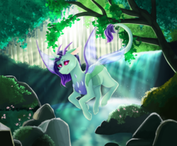 Size: 2998x2480 | Tagged: safe, artist:pndrws, oc, oc only, oc:piper, changedling, changeling, changeling oc, flower, flying, grass, high res, leonine tail, outdoors, rock, scenery, smiling, solo, sunlight, tree, water, waterfall