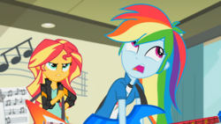 Size: 1920x1080 | Tagged: safe, screencap, rainbow dash, sunset shimmer, equestria girls, g4, my little pony equestria girls: friendship games, electric guitar, female, flying v, guitar, musical instrument