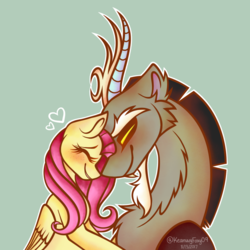 Size: 1024x1024 | Tagged: safe, artist:keanuvyfoxy09, discord, fluttershy, g4, blushing, female, male, ship:discoshy, shipping, smiling, straight