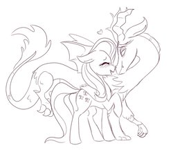 Size: 959x832 | Tagged: safe, artist:sketchygarden, discord, fluttershy, g4, blushing, boop, cute, female, floppy ears, heart, male, monochrome, noseboop, profile, raised hoof, ship:discoshy, shipping, sketch, smiling, straight