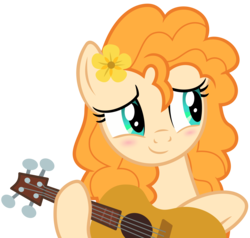 Size: 5242x5000 | Tagged: safe, artist:sollace, pear butter, pony, g4, the perfect pear, .svg available, absurd resolution, blushing, cute, female, guitar, show accurate, simple background, smiling, solo, transparent background, vector