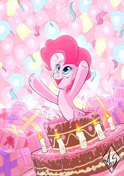 Size: 1240x1748 | Tagged: safe, artist:sea-maas, pinkie pie, earth pony, pony, g4, abstract background, balloon, cake, candle, confetti, female, food, happy, mare, popping out of a cake, present, smiling, solo