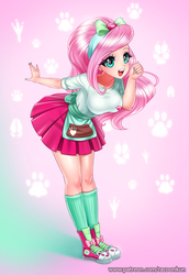 Size: 758x1100 | Tagged: safe, artist:racoonsan, fluttershy, eqg summertime shorts, equestria girls, g4, pet project, adorasexy, apron, big breasts, bow, breasts, busty fluttershy, clothes, converse, cute, female, hair bow, heart eyes, nail polish, open mouth, paws, pink background, pleated skirt, ribbon, sexy, shoes, shyabetes, simple background, skirt, sneakers, socks, solo, wingding eyes