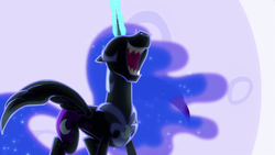 Size: 1920x1080 | Tagged: safe, screencap, nightmare moon, alicorn, pony, g4, princess twilight sparkle (episode), female, glowing horn, horn, laughing, mare, moon, nose in the air, open mouth, solo, volumetric mouth