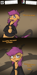 Size: 750x1500 | Tagged: safe, artist:conmanwolf, scootaloo, pegasus, pony, ask factory scootaloo, fanfic:rainbow factory, g4, clothes, comic, factory scootaloo, floppy ears, shadow, static